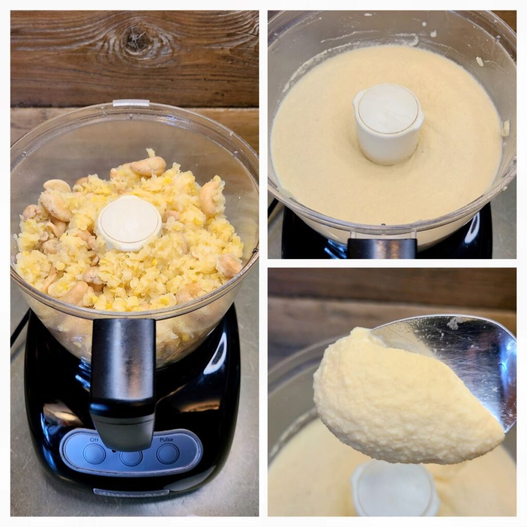 A collage of 3 pictures showing how to first blend Easy high protein red lentil hummus with cashews