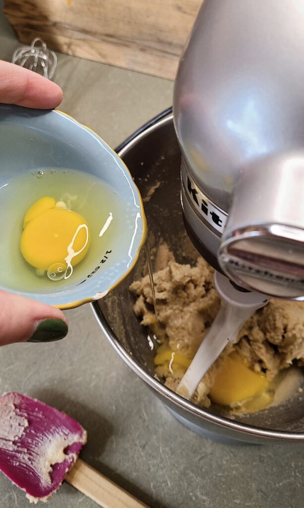Adding eggs to a stand mixer containing old fashioned simple brown sugar Clifford tea cookie recipe.