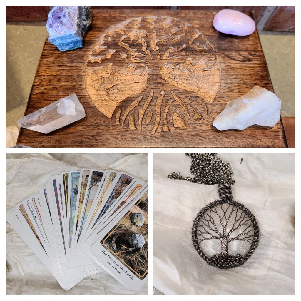 A collage of 3 photos showing the tree of life, tarot cards and a wooden box with crystals. For How To Make A Magical Yule Bag And Other Pagan Gift Ideas.