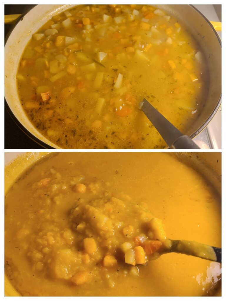 Collage of 2 pictures - before and after blending Easy homemade farmhouse Irish vegetable soup with rosemary.