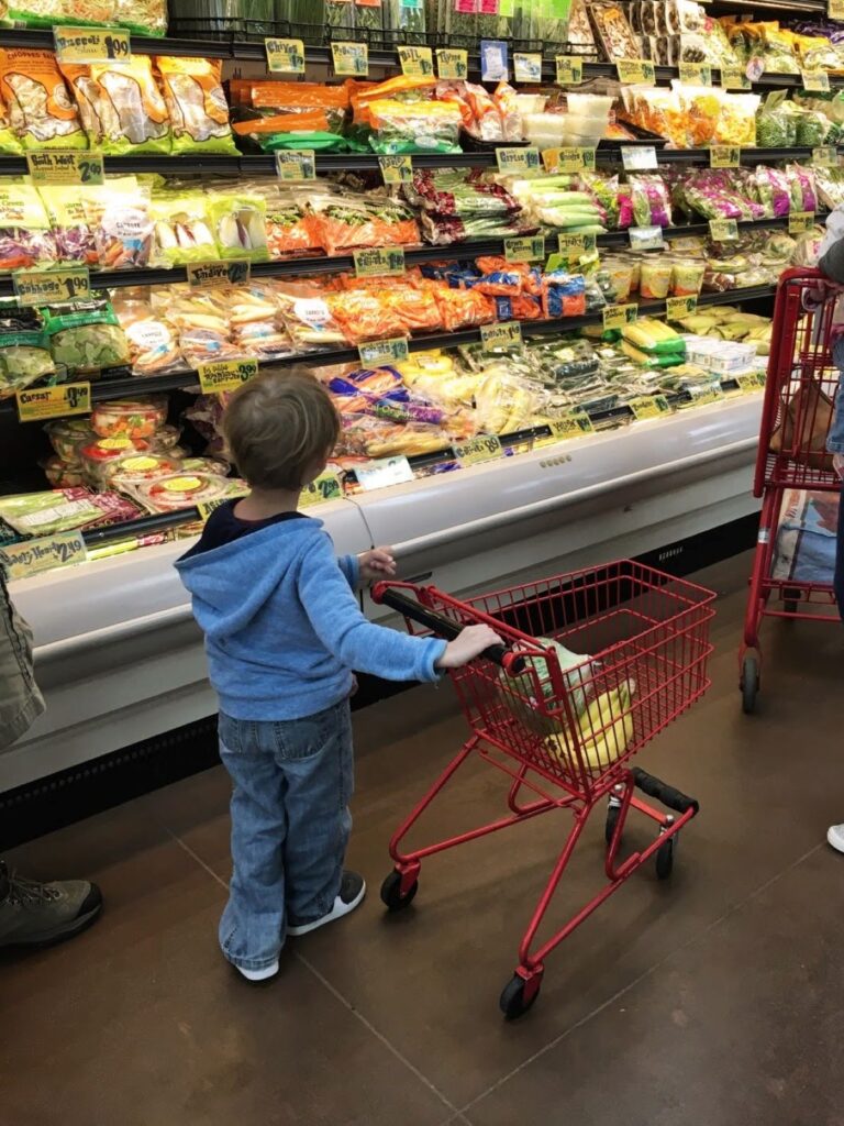 Little kids with a shopping cart at the store - part of 48 Awesome And Inexpensive Staycation Ideas For Families