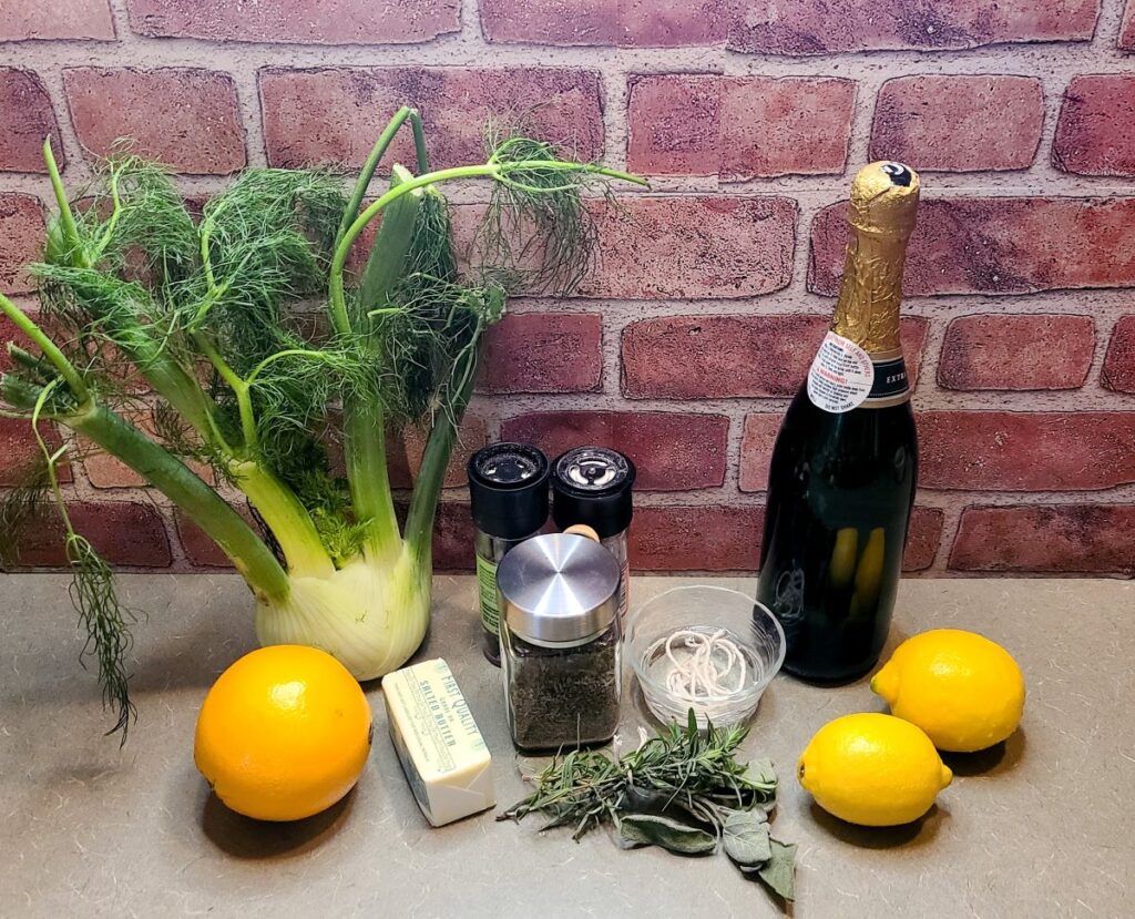 Ingredients to make a terrific roasted French turkey with champagne and herbs. 