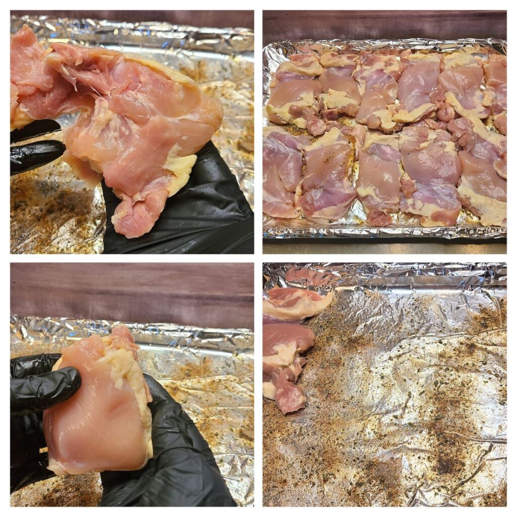 A collage of 4 pictures showing how to lay out a dozen chicken thighs.