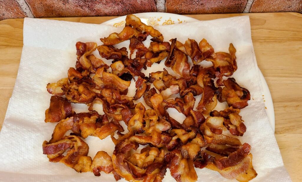Bacon on paper towels to add to easy sauteed maple & balsamic glazed bacon brussels sprouts.