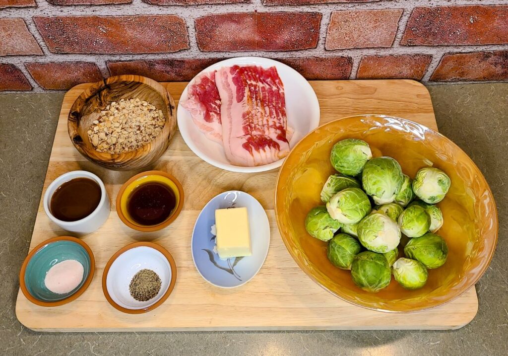 Ingredients laid out for easy sauteed maple & balsamic glazed bacon brussels sprouts.